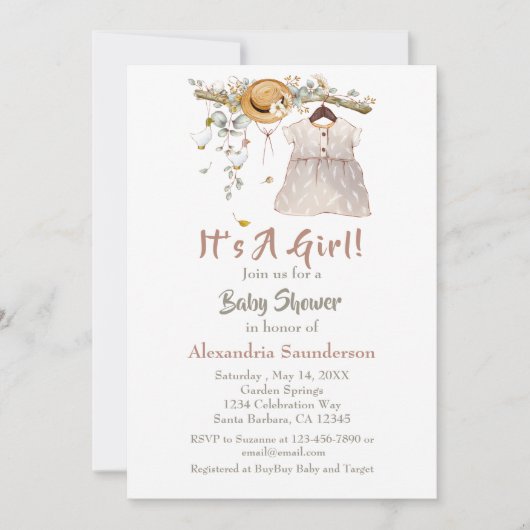 Baby Girl Boho Greenery Rustikale Einladung (Vorderseite)