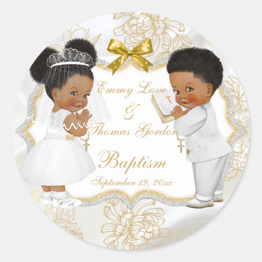 Baby Girl Boy Twins Communion Taufe Gold Cross Runder Aufkleber (Vorderseite)