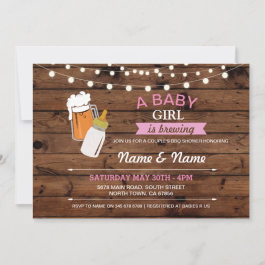 Baby Girl Brewing Shower Beers Pink Wood Einladung (Vorderseite)