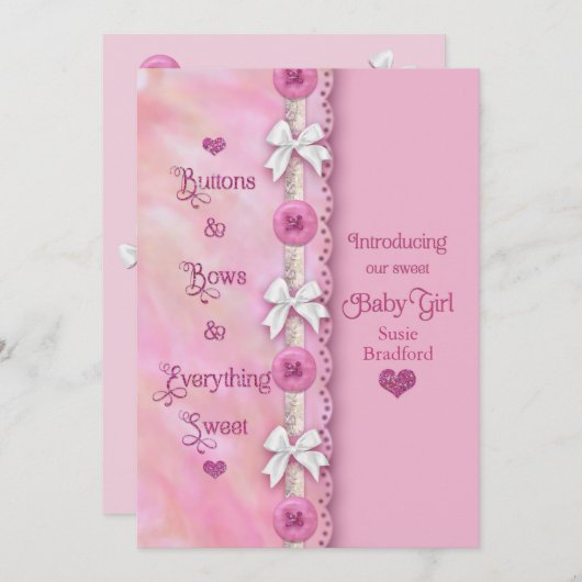 Baby Girl Buttons und Bows Pink Ankündigung (Vorne/Hinten)
