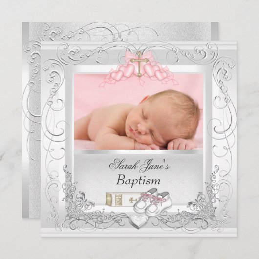 Baby Girl Christening Taufe White Pink Einladung (Vorne/Hinten)