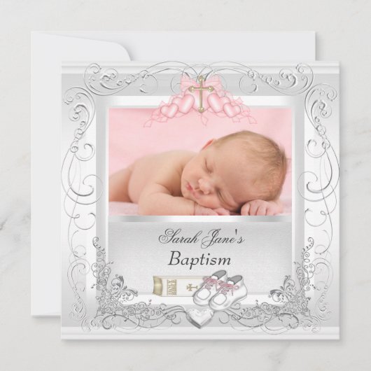 Baby Girl Christening Taufe White Pink Einladung (Vorderseite)