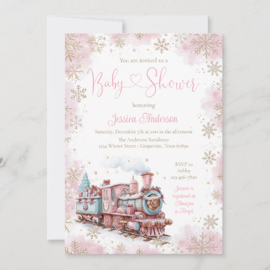 Baby Girl Christmas Train Holiday Baby Shower Einladung (Vorderseite)