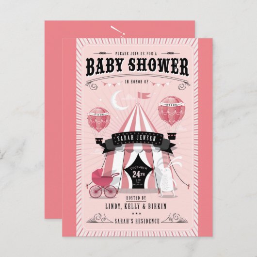 Baby Girl Circus Kinderdusche Einladung (Vorne/Hinten)