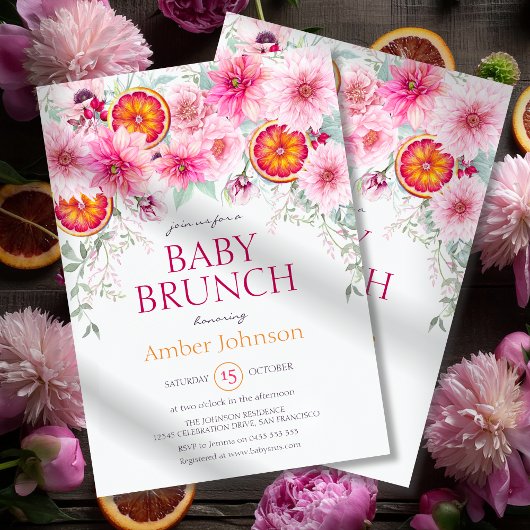 Baby Girl Citrus und Pink Blume Kinderdusche Einladung