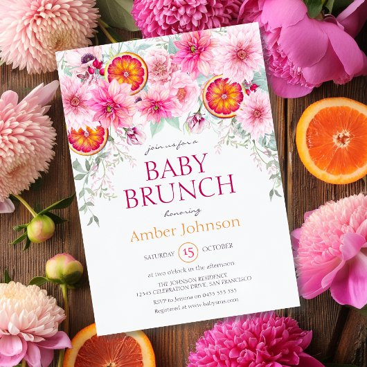 Baby Girl Citrus und Pink Blume Kinderdusche Einladung