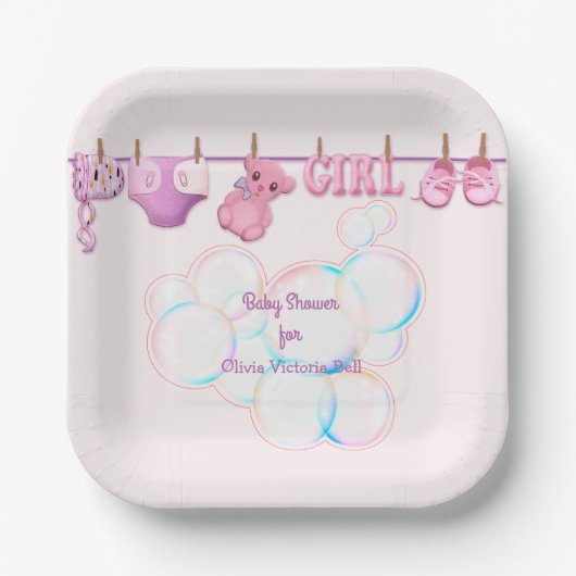 Baby Girl Clothesline in rosa Papierplatte Pappteller (Vorderseite)