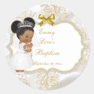 Baby Girl Communion Taufen Gold Cross Ethnic Runder Aufkleber