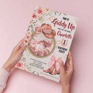 Baby Girl Cowgirl Pink Blume 1. Geburtstag Foto Einladung