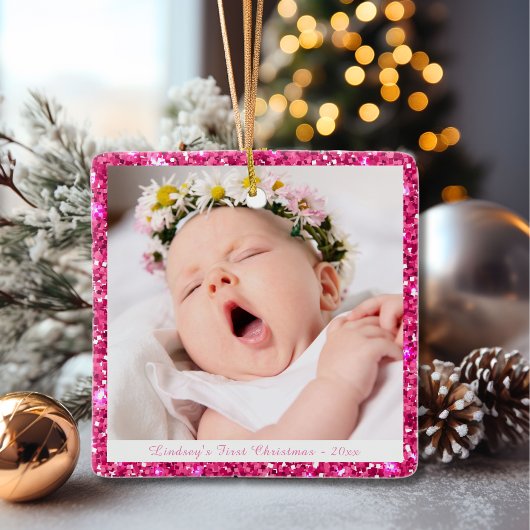 Baby Girl Custom My First Christmas Pink Glitter Keramikornament