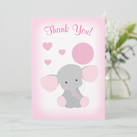 Baby Girl Dusche Danke Karte Elephant Pink Gray (Stehend Vorderseite)