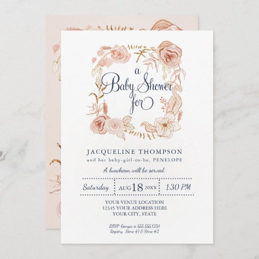 Baby Girl Dusche Navy Blush Pink Aquarellblume Einladung (Vorne/Hinten)