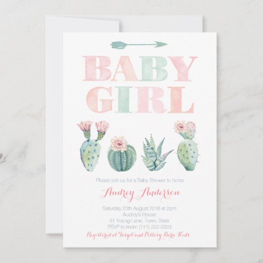 Baby Girl Dusche oder Sprinkle mit Wüstenkakti Einladung (Vorderseite)