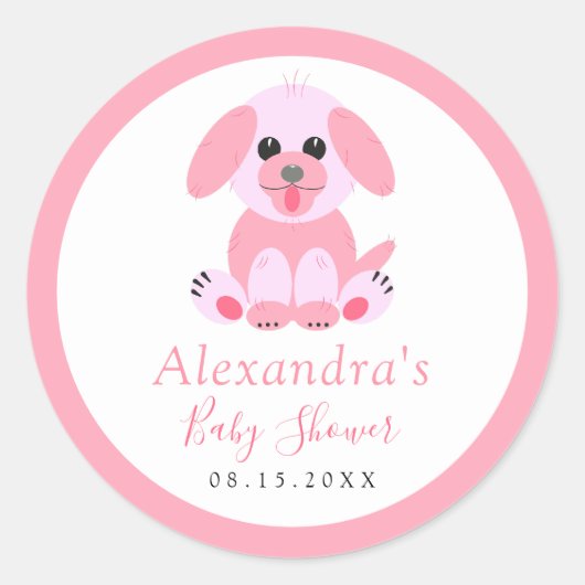 Baby Girl Dusche Pink Personalisiert Puppy Runder Aufkleber (Vorderseite)