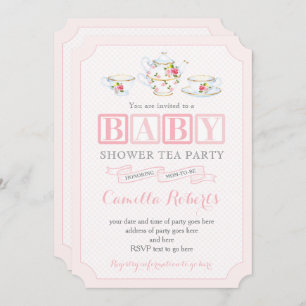 Baby Girl Dusche Vintag Tee Party, Rosa und Grau Einladung