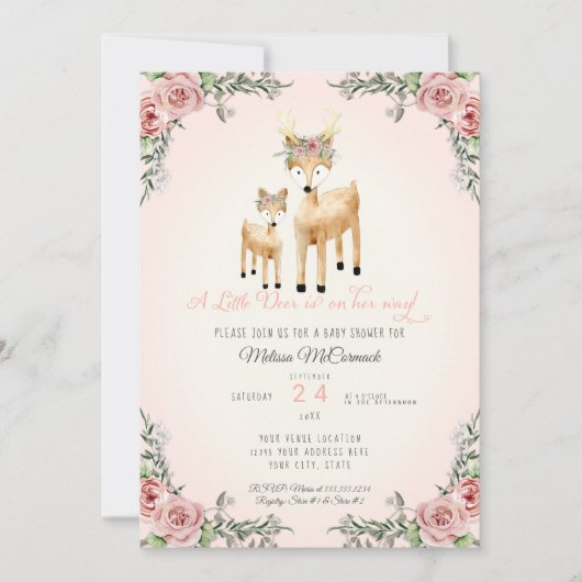 Baby Girl Duwer Little Deer Antler Rose Blumenstra Einladung (Vorderseite)