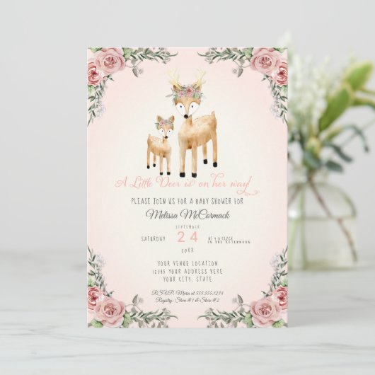 Baby Girl Duwer Little Deer Antler Rose Blumenstra Einladung (Stehend Vorderseite)