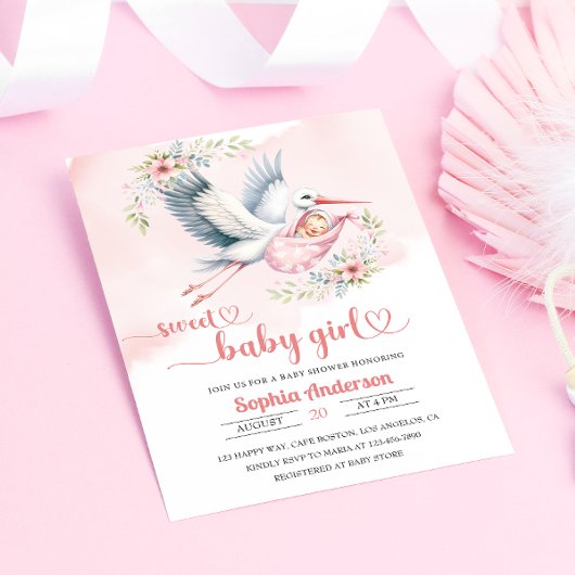 Baby Girl Duwer mit Stork Illustration - elegant Einladung