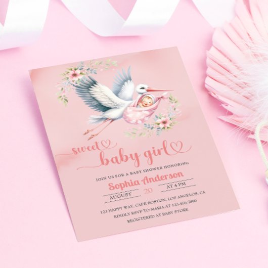 Baby Girl Duwer mit Stork Illustration - elegant Einladung