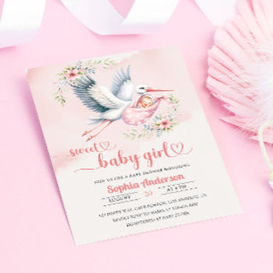Baby Girl Duwer mit Stork Illustration - elegant Einladung