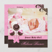 Baby Girl Einladung Ankündigung Cake Pops Pink (Vorne/Hinten)