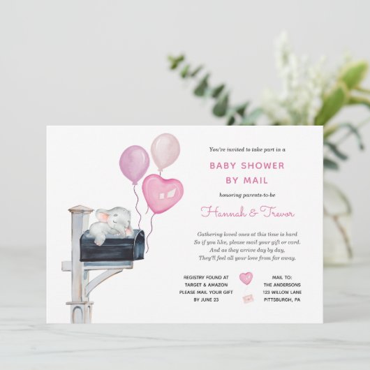 Baby Girl Elephant auf der Mailbox Dusche by Mail Einladung (Stehend Vorderseite)