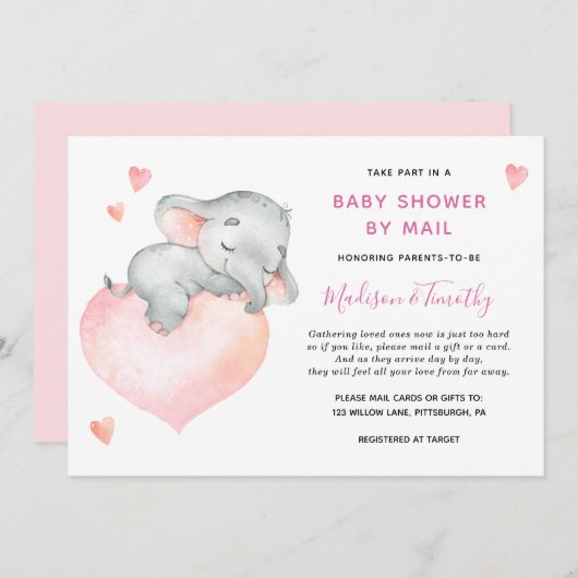 Baby Girl Elephant Babydusche per Mail Einladung (Vorne/Hinten)