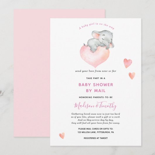 Baby Girl Elephant Babydusche per Mail Einladung (Vorne/Hinten)