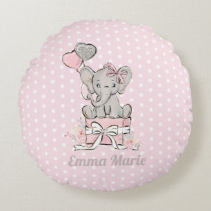 Baby Girl Elephant Balloons Pink Silver Glitzer Rundes Kissen
