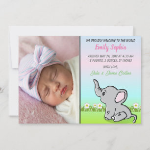 Baby Girl Elephant Flat Announcement Card Ankündigung
