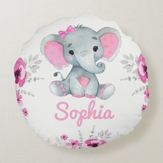 Baby Girl Elephant Name Custom Gift Pink Blume Rundes Kissen (Rückseite)