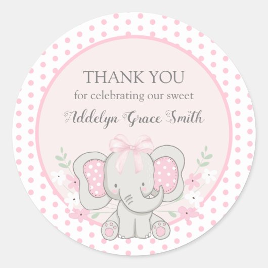 Baby Girl Elephant Pink Polka Dot Sip Dusche Runder Aufkleber (Vorderseite)