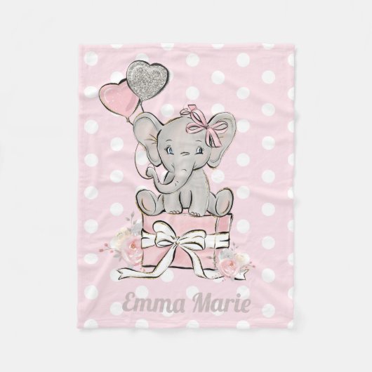 Baby Girl Elephant Pink Silver Glitzer Balloons Fleecedecke (Vorderseite)