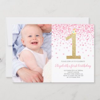 Baby Girl Erstes Foto Geburtstag Pink Confetti Gir Einladung