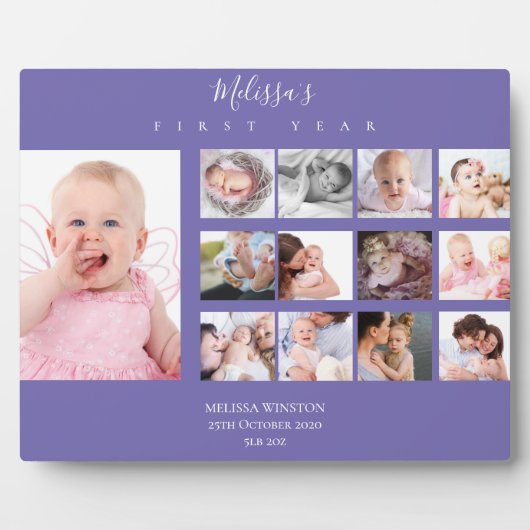 Baby Girl Erstes Jahr FotoCollage Custom Lila Fotoplatte (Vorderseite)