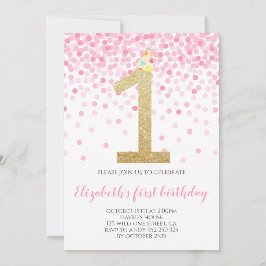 Baby Girl First Birthday Pink Confetti Girl Party Einladung (Vorderseite)