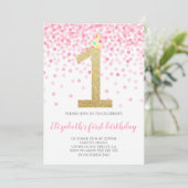 Baby Girl First Birthday Pink Confetti Girl Party Einladung (Stehend Vorderseite)