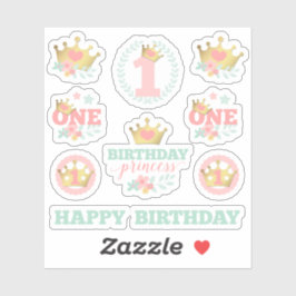 Baby Girl First Birthday Princess Crown Pink Party Aufkleber