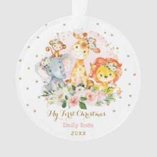 Baby Girl First Christmas Blush Gold Floral Safari Ornament