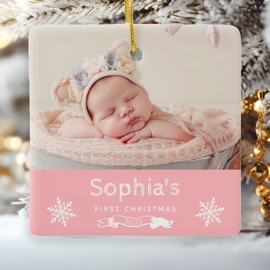 Baby Girl First Christmas Custom Foto Pink Keramikornament