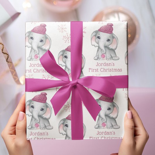 Baby Girl First Christmas Elephant Pink Snow Name Geschenkpapier Set