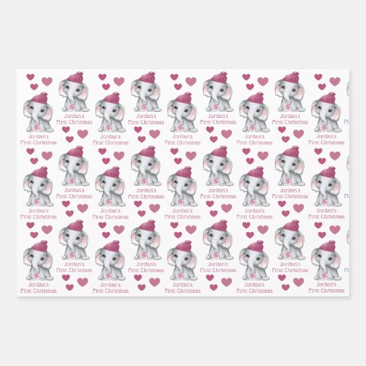 Baby Girl First Christmas Elephant Rosa Name Geschenkpapier Set (Vorderseite)
