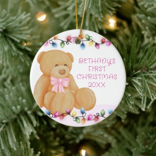 Baby Girl First Christmas Lights Teddy Bear Foto Keramik Ornament (Baum)