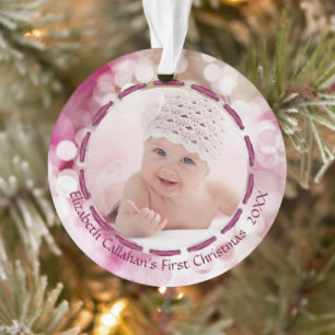 Baby Girl First Christmas Pink Bokeh Zwei Fotos Ornament