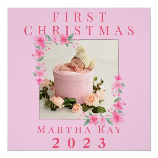 Baby Girl First Christmas Soft Pink Blumenrahmen Poster (Vorderseite)