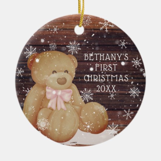 Baby Girl First Christmas Teddy Bear Wood Snow Keramik Ornament (Vorne)