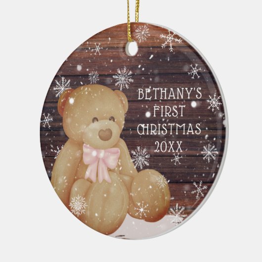 Baby Girl First Christmas Teddy Bear Wood Snow Keramik Ornament (Links)