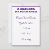 Baby Girl Flat Announccard Ankündigung (Rückseite)