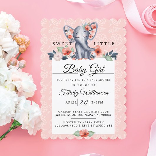 Baby Girl Floral Elephant Baby Shower Einladung