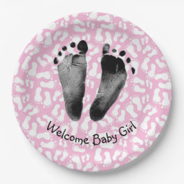 Baby Girl Footprint auf Rosa und Weiß Pappteller